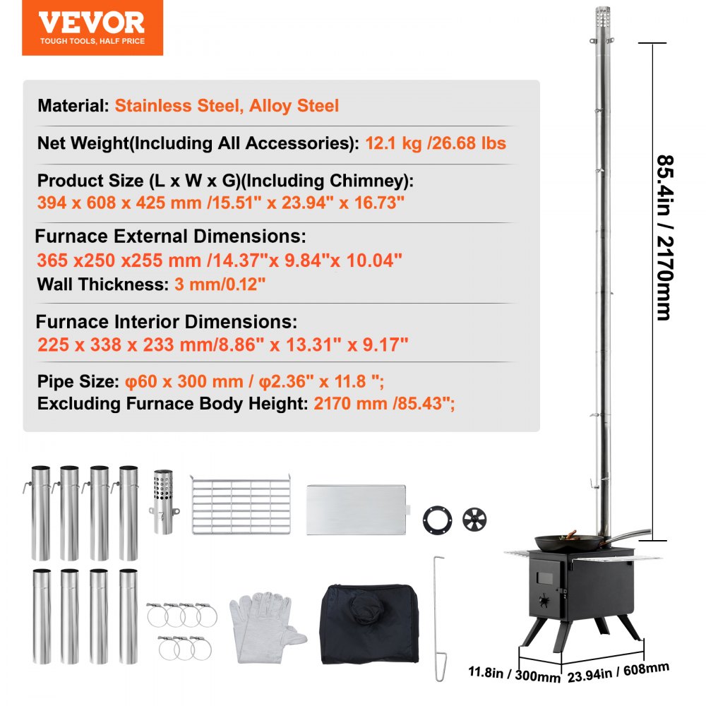 VEVOR Wood Stove, 86 inch, Alloy Steel Camping Tent Stove, Portable Wood Burning Stove with Chimney Pipes & Gloves, 1400in³Firebox Hot Tent Stove for Outdoor Cooking and Heating with 8 Pipes