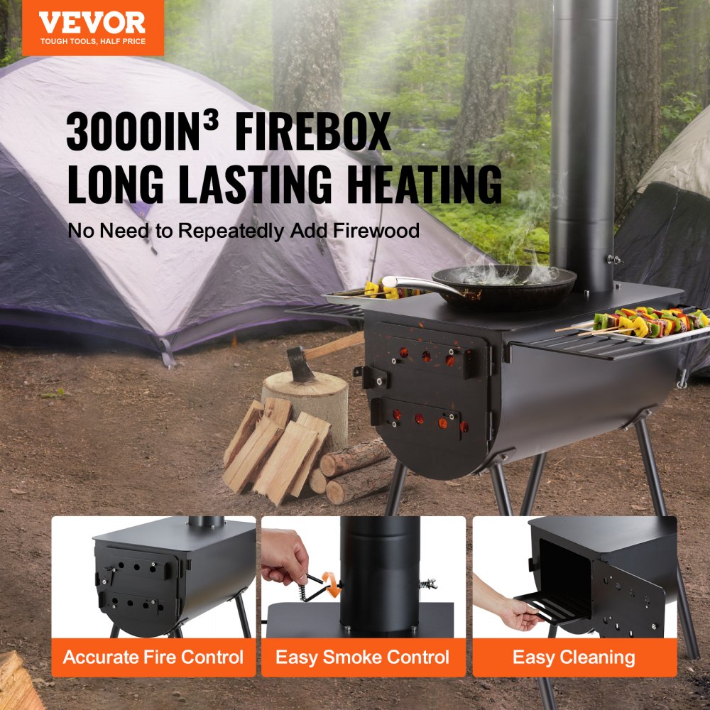 VEVOR Houtkachel, 118-inch gelegeerd stalen kampeertentkachel, draagbare houtkachel met schoorsteenpijpen en handschoenen, 3000-inch grote vuurdoostentkachel voor buiten koken en verwarmen met 8 pijpen