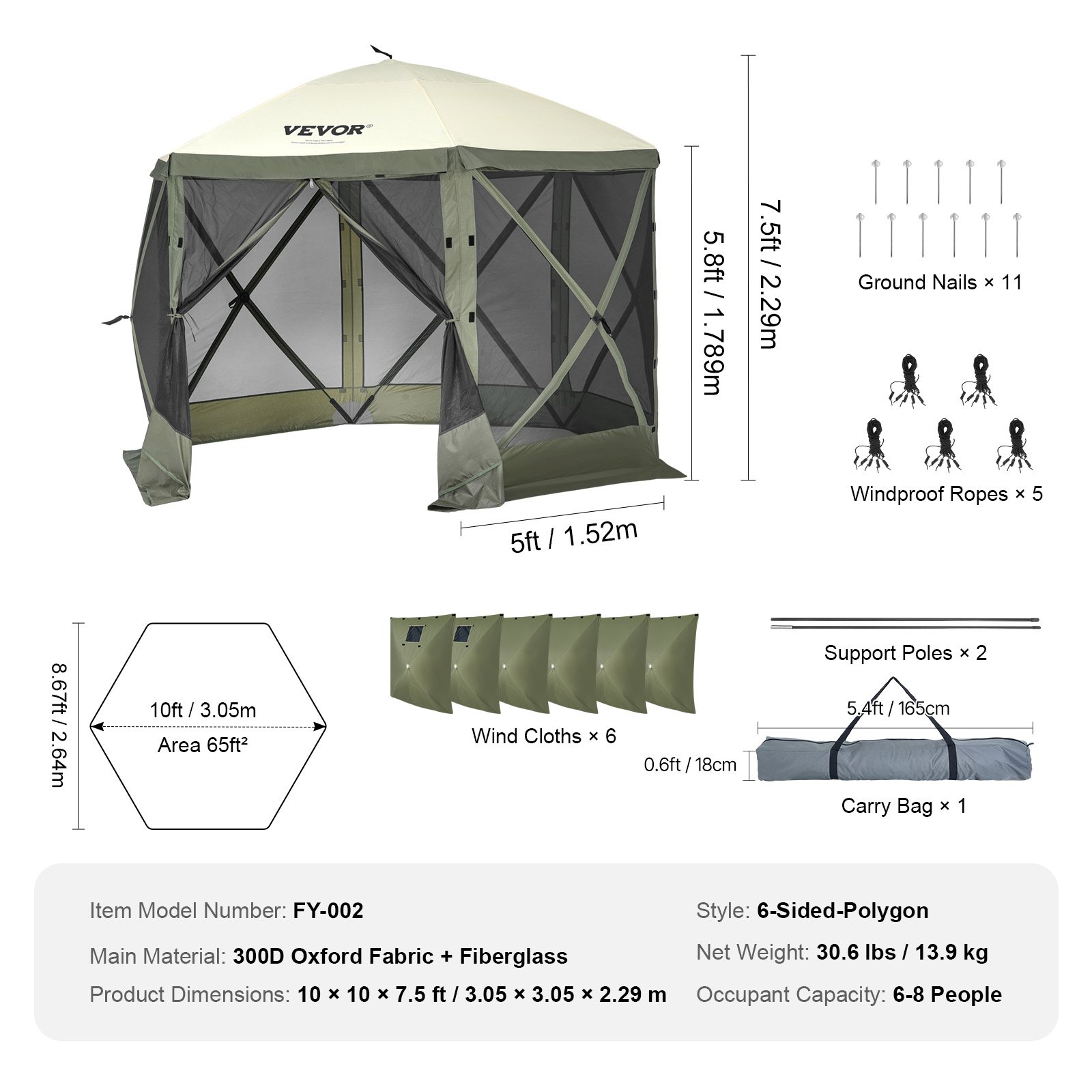 VEVOR Pop-Up Paviljoentent, pop-up tent met 6-zijdige luifel, zonnescherm met 6 verwijderbare privacyschermen en gaasramen, 3 x 3 meter, snel op te zetten tent met muggennet, legergroen