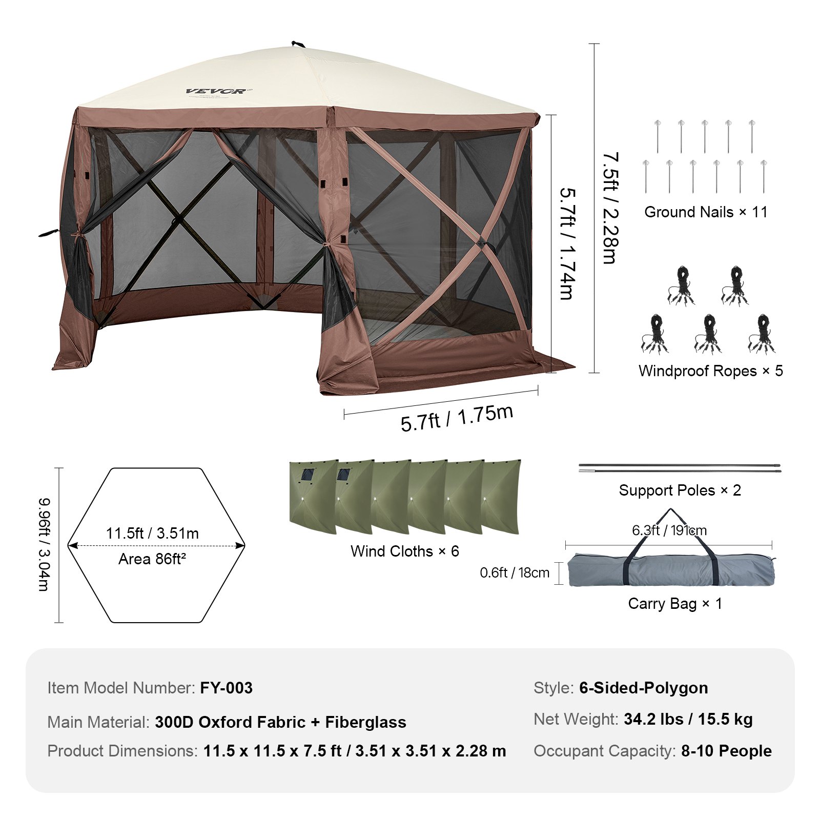 VEVOR Pop-Up Gazebo Tent, Pop-Up Tent met 6-zijdige luifel, zonnescherm met 6 verwijderbare privacy-windschermen en gaasramen, 3,5 x 3,5 m, snel op te zetten tent met klamboe, bruin
