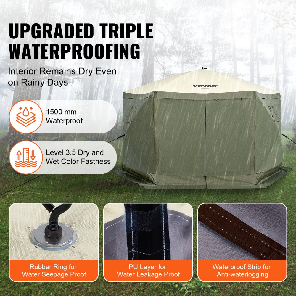 VEVOR Pop-Up Paviljoentent, pop-up tent met 6-zijdige luifel, zonnescherm met 6 verwijderbare privacyschermen en gaasramen, 3,6 x 3,6 meter, snel op te zetten tent met muggennet, legergroen