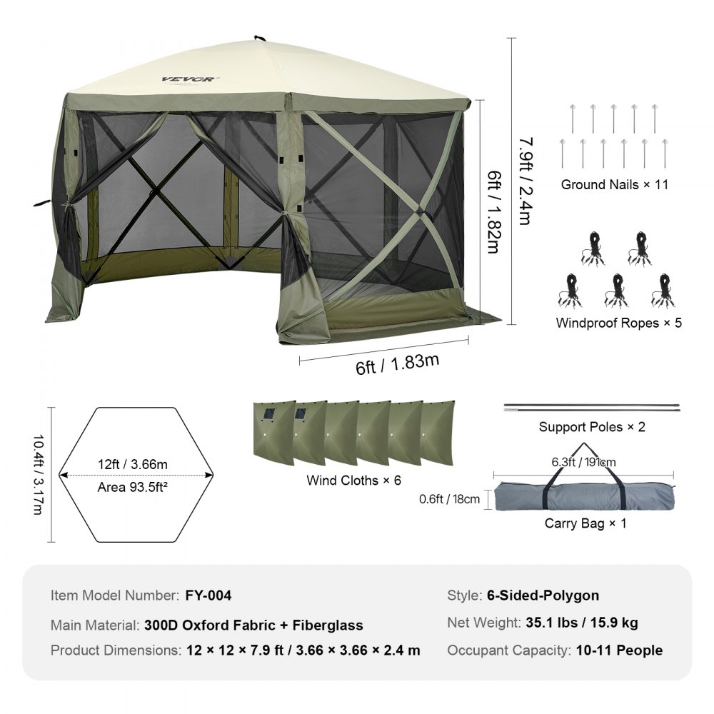 VEVOR Pop-Up Paviljoentent, pop-up tent met 6-zijdige luifel, zonnescherm met 6 verwijderbare privacyschermen en gaasramen, 3,6 x 3,6 meter, snel op te zetten tent met muggennet, legergroen