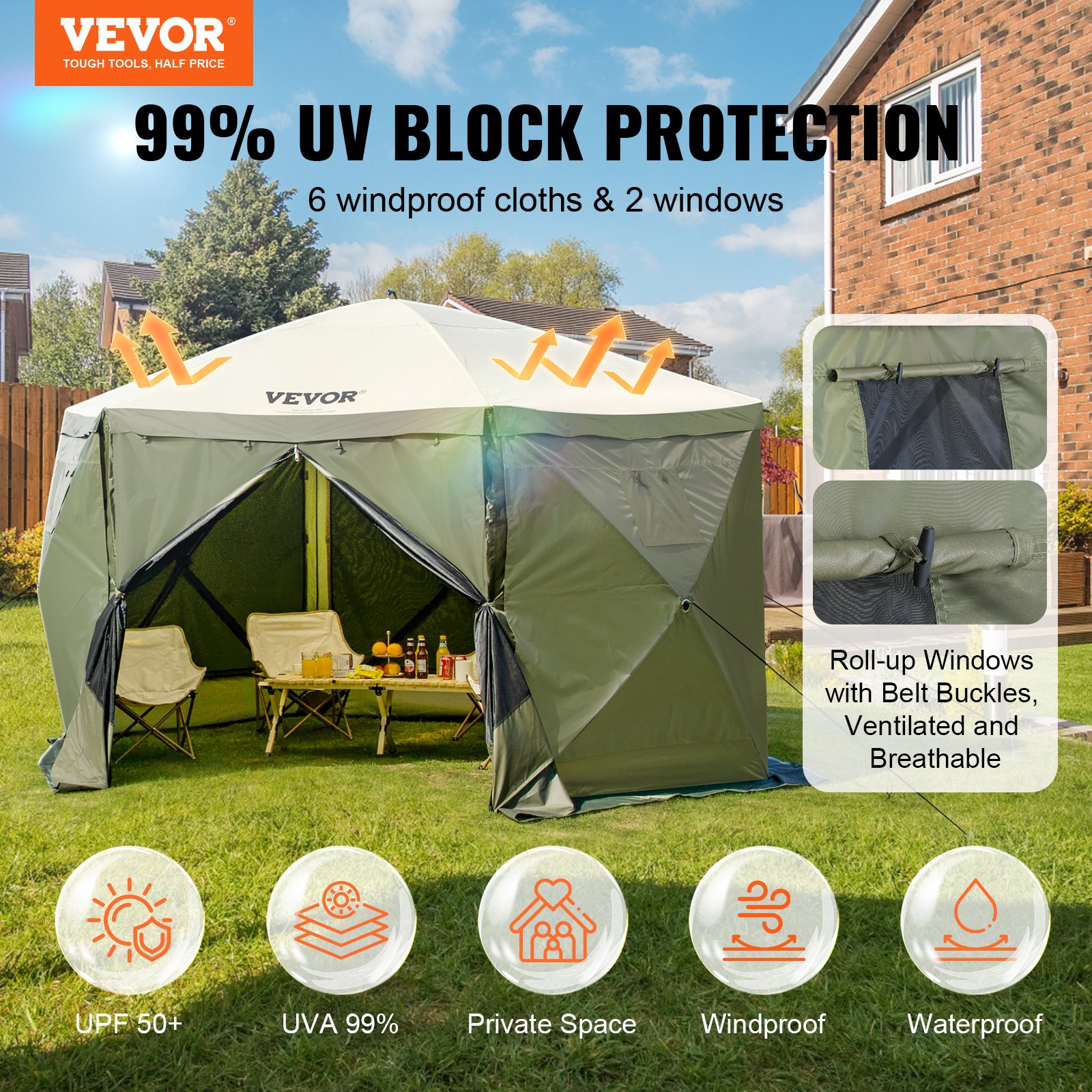 VEVOR Pop-Up Gazebo Tent, Pop-Up Tent met 6-zijdige luifel, zonnescherm met 6 verwijderbare privacy-winddoeken en gaasramen, 12 x 12 voet, snel op te zetten tent met klamboe, legergroen