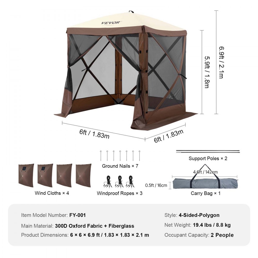 VEVOR Pop-up Paviljoentent, pop-up tent met luifel aan 4 zijden, zonbescherming met 4 verwijderbare privacyschermen en gaasramen, 1,83 x 1,83 m, snel op te zetten tent met muggennet, bruin