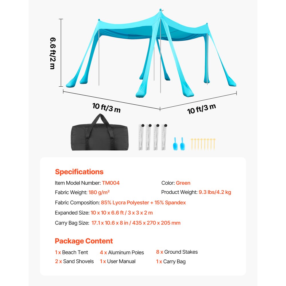 VEVOR strandtent met zonbescherming (UPF 50+) 3 x 3 x 2 m, strandtent met zandzakken, steunpalen en zandschepjes, draagbare zonnescherm voor gezinsuitjes, kamperen, vissen, groen