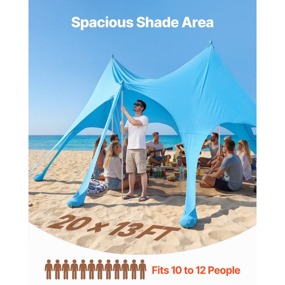 VEVOR Beach Tent Sun Shelter, UPF50+ Sun Protection, 9.2 ft Tall, 20 x 13 ft, Easy Pop Up Beach Canopy with Sandbags, Stability Poles, Sand Shovels, Portable Shade for Family Outings, Camping, Fishing
