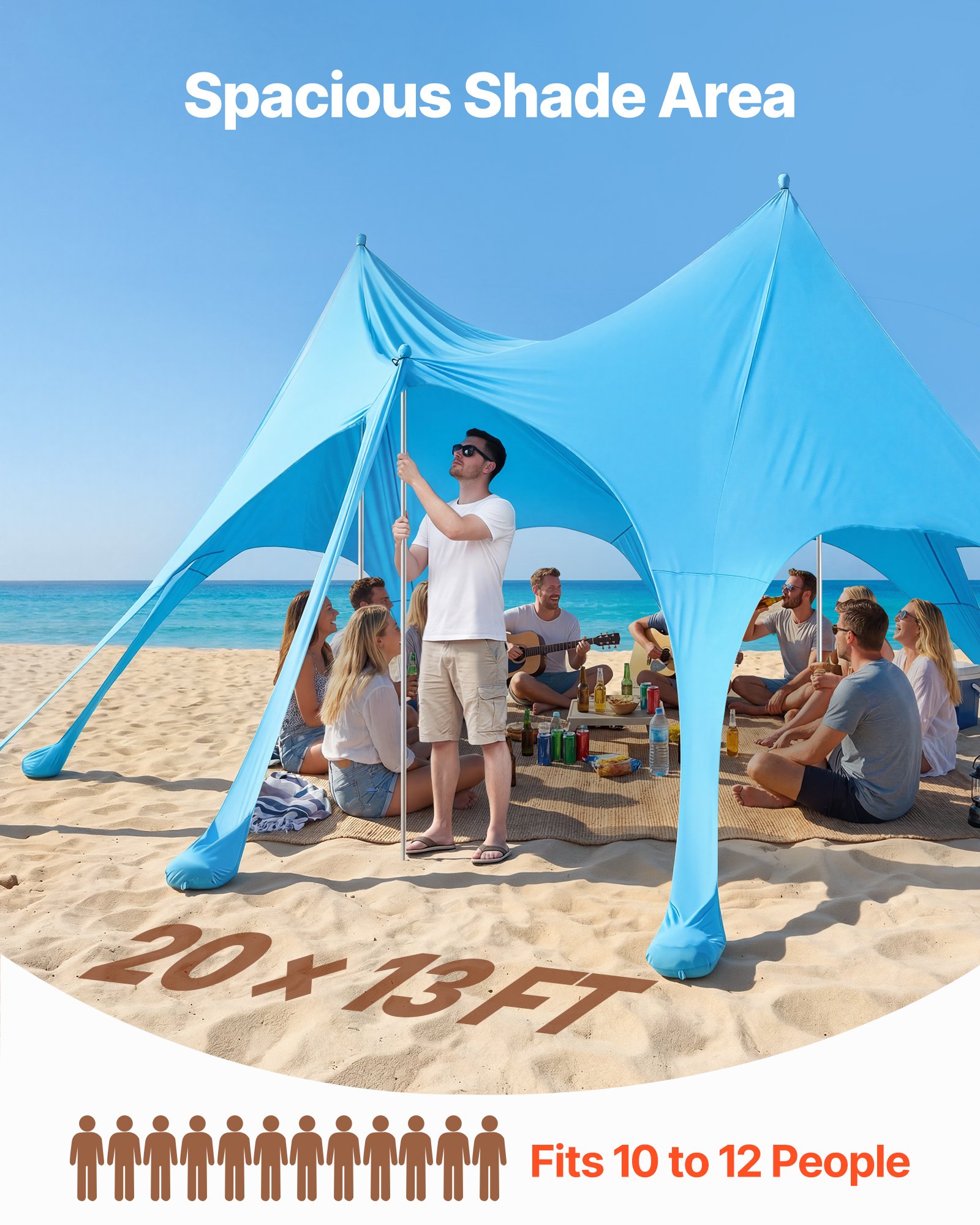 VEVOR Beach Tent Sun Shelter, UPF50+ Sun Protection, 9.2 ft Tall, 20 x 13 ft, Easy Pop Up Beach Canopy with Sandbags, Stability Poles, Sand Shovels, Portable Shade for Family Outings, Camping, Fishing