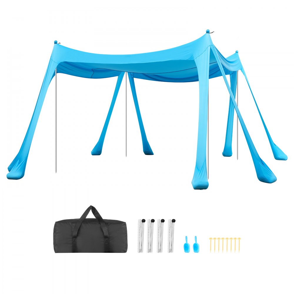 VEVOR strandtent met zonbescherming (UPF 50+) 3 x 3 x 2 m, strandtent met zandzakken, steunpalen, zandschepjes en draagtas, draagbare zonnescherm voor gezinsuitjes, kamperen, vissen, blauw