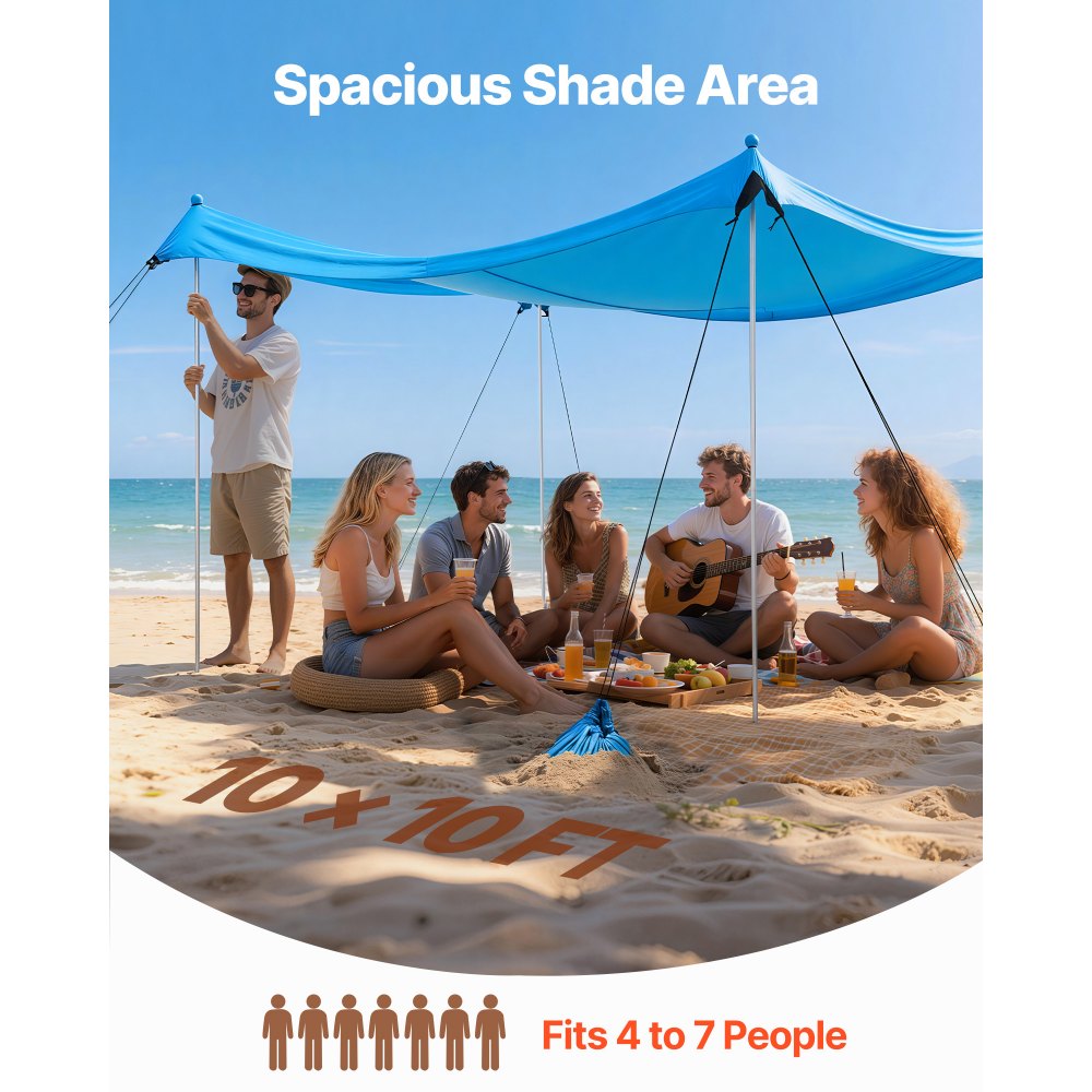 VEVOR strandtent met zonbescherming (UPF 50+) 3 x 3 x 2 m, strandtent met 8 zandzakken, stabilisatiepalen en zandschepjes, draagbare zonnescherm voor gezinsuitjes, kamperen, vissen, blauw