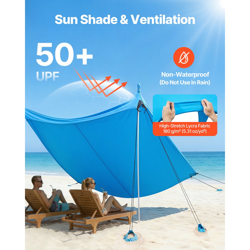 VEVOR strandtent met zonbescherming (UPF 50+) 3 x 3 x 2 m, strandtent met 8 zandzakken, stabilisatiepalen en zandschepjes, draagbare zonnescherm voor gezinsuitjes, kamperen, vissen, blauw