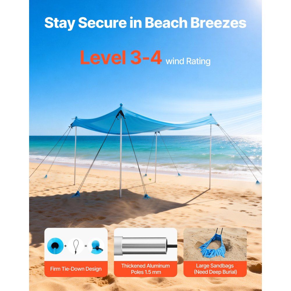 VEVOR strandtent met zonbescherming (UPF 50+) 3 x 3 x 2 m, strandtent met 8 zandzakken, stabilisatiepalen en zandschepjes, draagbare zonnescherm voor gezinsuitjes, kamperen, vissen, blauw