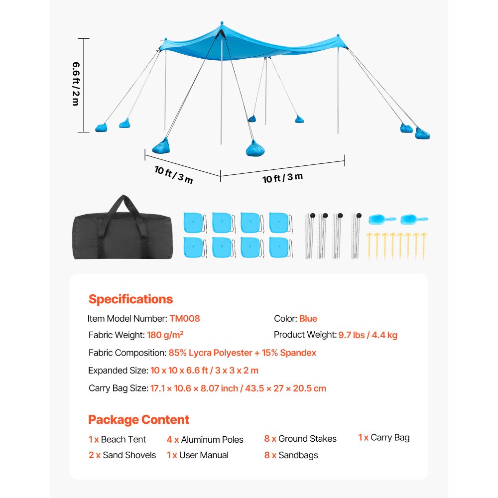 VEVOR strandtent met zonbescherming (UPF 50+) 3 x 3 x 2 m, strandtent met 8 zandzakken, stabilisatiepalen en zandschepjes, draagbare zonnescherm voor gezinsuitjes, kamperen, vissen, blauw