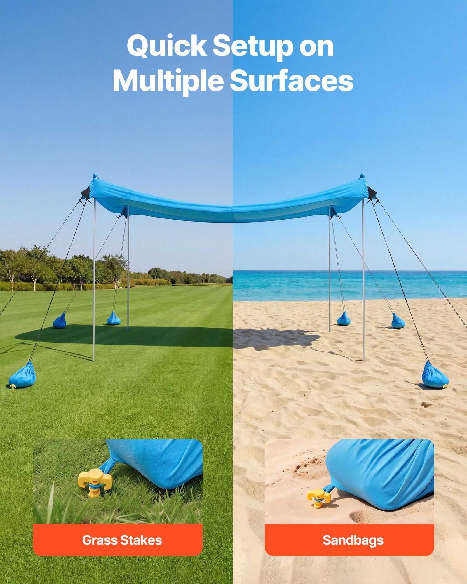 VEVOR strandtent met zonbescherming (UPF 50+) 3 x 3 x 2 m, strandtent met 8 zandzakken, stabilisatiepalen en zandschepjes, draagbare zonnescherm voor gezinsuitjes, kamperen, vissen, blauw