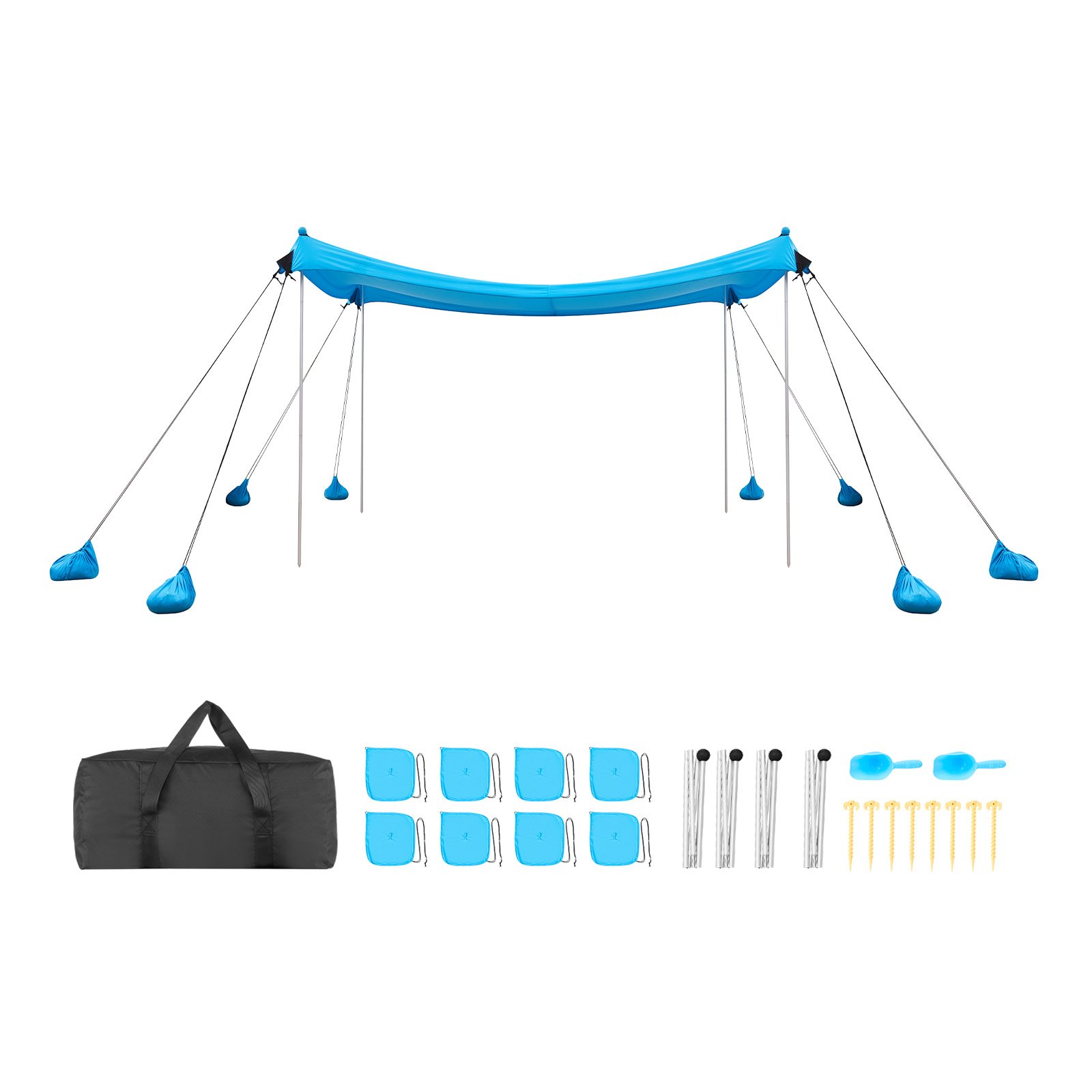 VEVOR strandtent met zonbescherming (UPF 50+) 3 x 3 x 2 m, strandtent met 8 zandzakken, stabilisatiepalen en zandschepjes, draagbare zonnescherm voor gezinsuitjes, kamperen, vissen, blauw