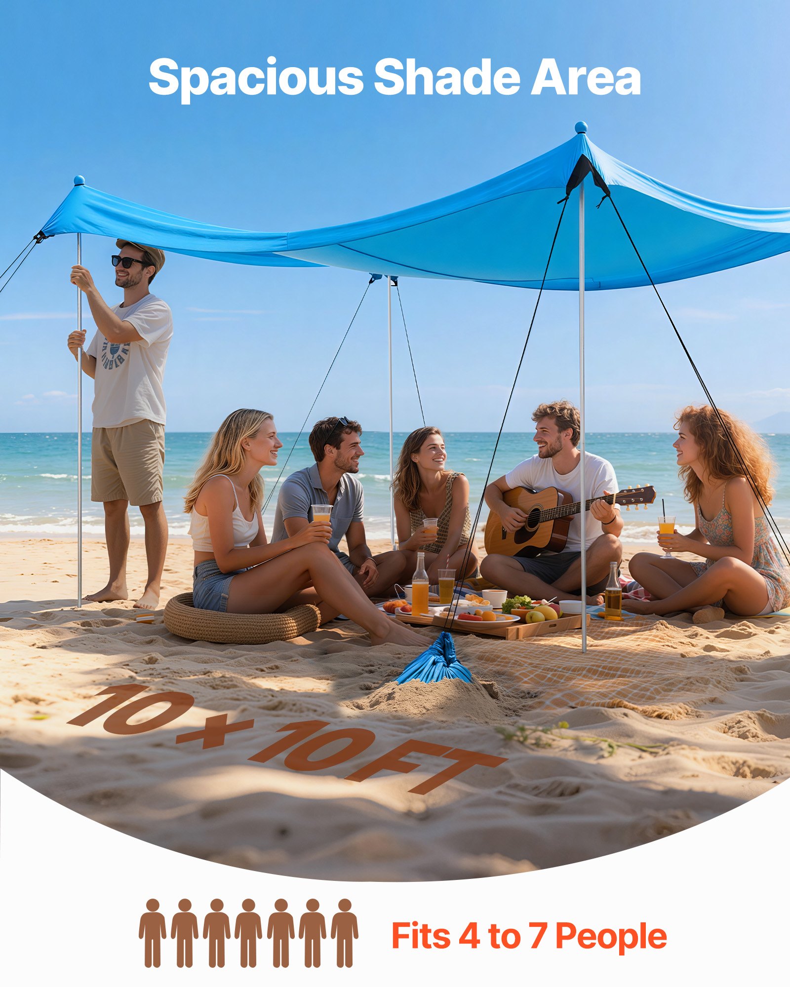 VEVOR strandtent met zonbescherming (UPF 50+) 3 x 3 x 2 m, strandtent met 8 zandzakken, stabilisatiepalen en zandschepjes, draagbare zonnescherm voor gezinsuitjes, kamperen, vissen, blauw