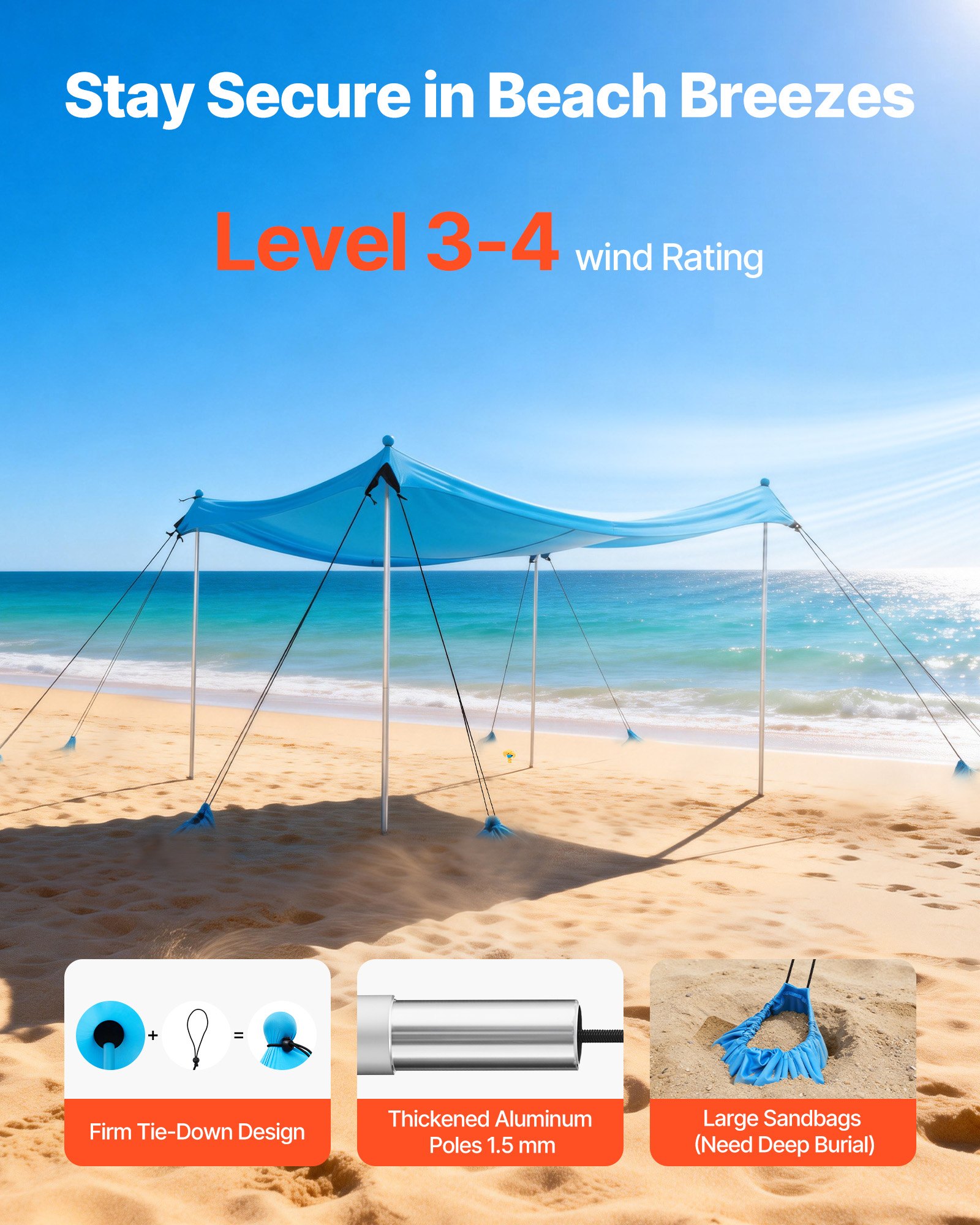 VEVOR strandtent met zonbescherming (UPF 50+) 3 x 3 x 2 m, strandtent met 8 zandzakken, stabilisatiepalen en zandschepjes, draagbare zonnescherm voor gezinsuitjes, kamperen, vissen, blauw