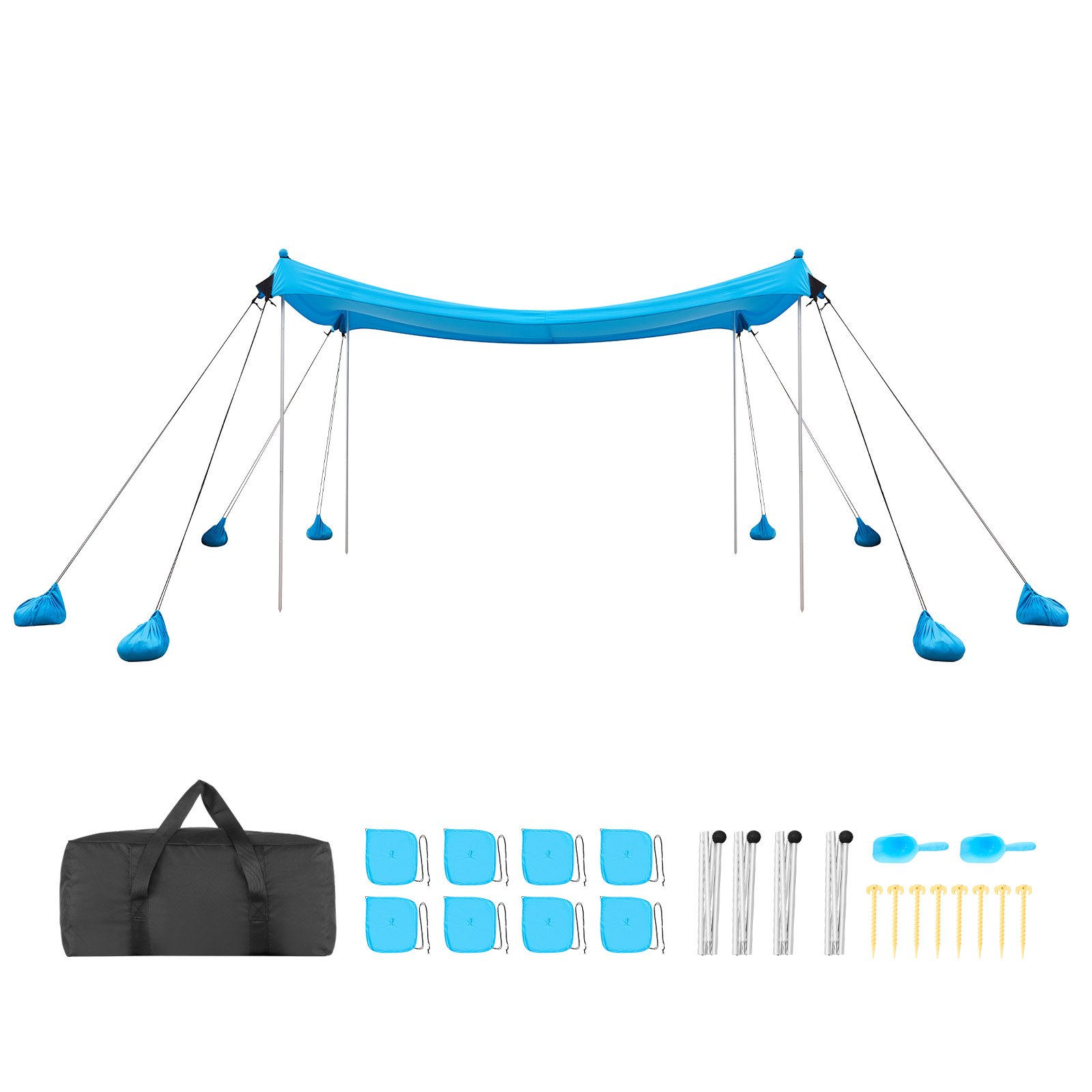 VEVOR strandtent met zonbescherming (UPF 50+) 3 x 3 x 2 m, strandtent met 8 zandzakken, stabilisatiepalen en zandschepjes, draagbare zonnescherm voor gezinsuitjes, kamperen, vissen, blauw