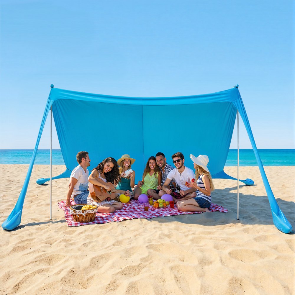 VEVOR strandtent met zonbescherming (UPF 50+) 3,4 x 3,4 x 2 m, strandtent met steunpalen, zandschepjes en draagtas, draagbare zonnescherm voor gezinsuitjes, kamperen, vissen, blauw