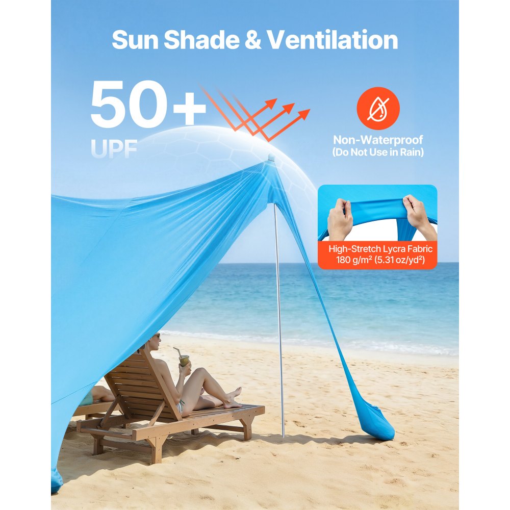 VEVOR strandtent met zonbescherming (UPF 50+) 3,4 x 3,4 x 2 m, strandtent met steunpalen, zandschepjes en draagtas, draagbare zonnescherm voor gezinsuitjes, kamperen, vissen, blauw