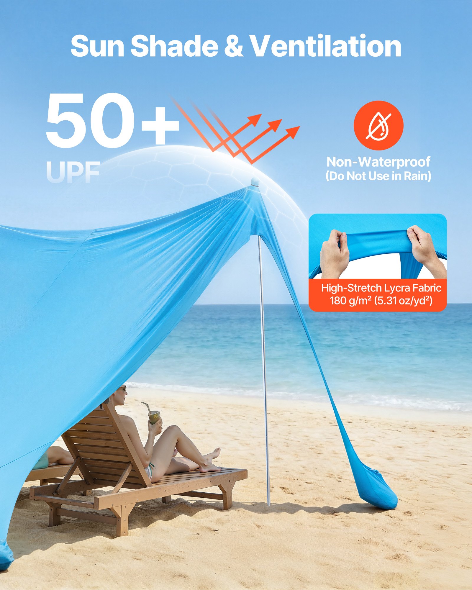 VEVOR strandtent met zonbescherming (UPF 50+) 3,4 x 3,4 x 2 m, strandtent met steunpalen, zandschepjes en draagtas, draagbare zonnescherm voor gezinsuitjes, kamperen, vissen, blauw