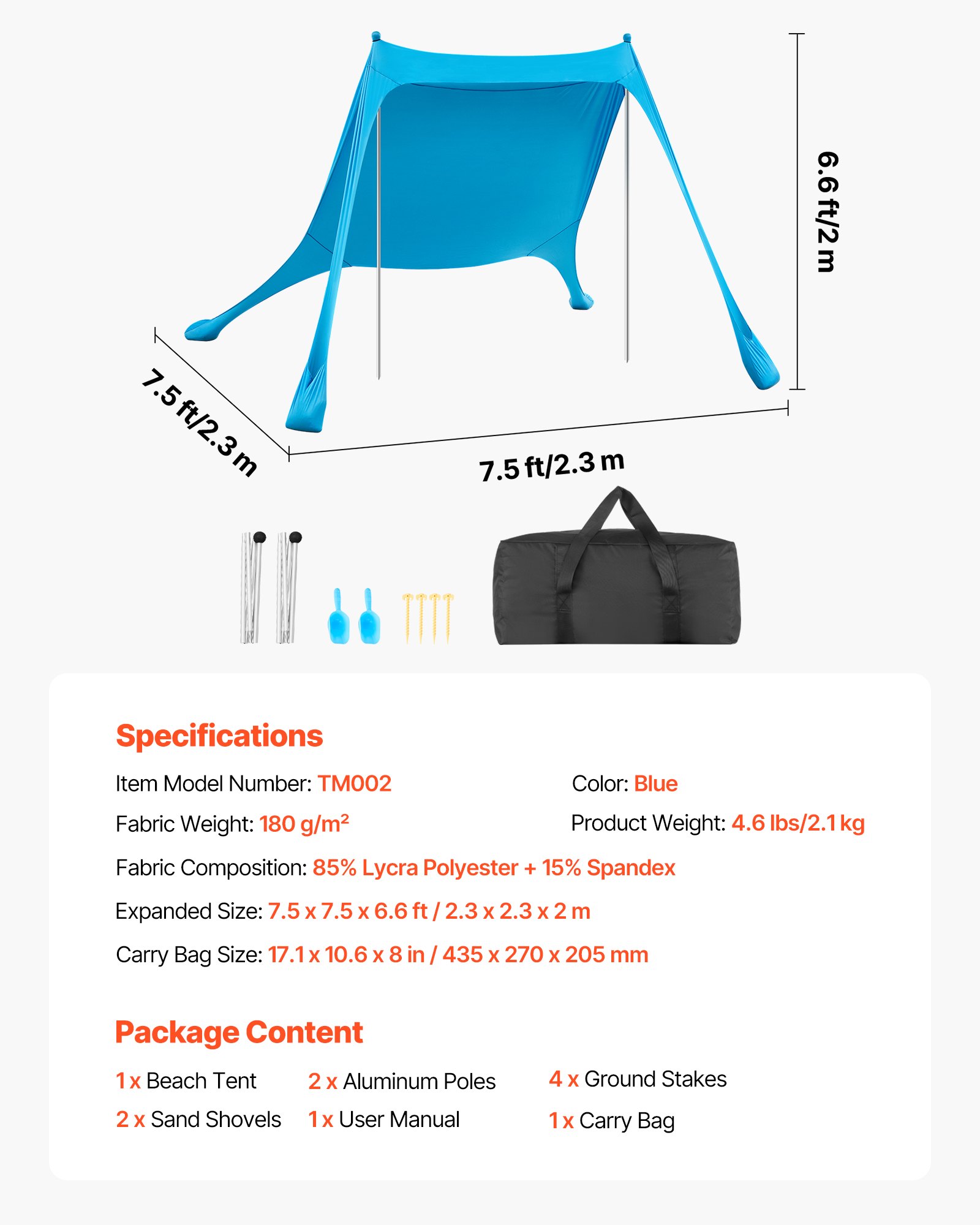 VEVOR strandtent met zonbescherming (UPF 50+), 2,3 x 2,3 x 2 m, strandtent met steunpalen en zandschepjes, draagbare zonnescherm voor gezinsuitjes, kamperen, vissen, blauw