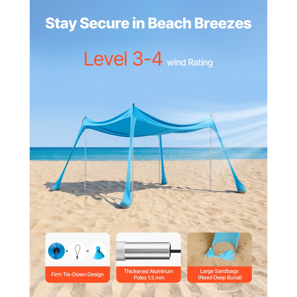 VEVOR Beach Tent Sun Shelter, UPF50+ Sun Protection, 6.6 ft Tall, 10x10 ft, Easy Pop Up Beach Canopy with 4 Sandbags, Stability Poles, Sand Shovels, Portable Shade for Family Outings, Camping, Fishing
