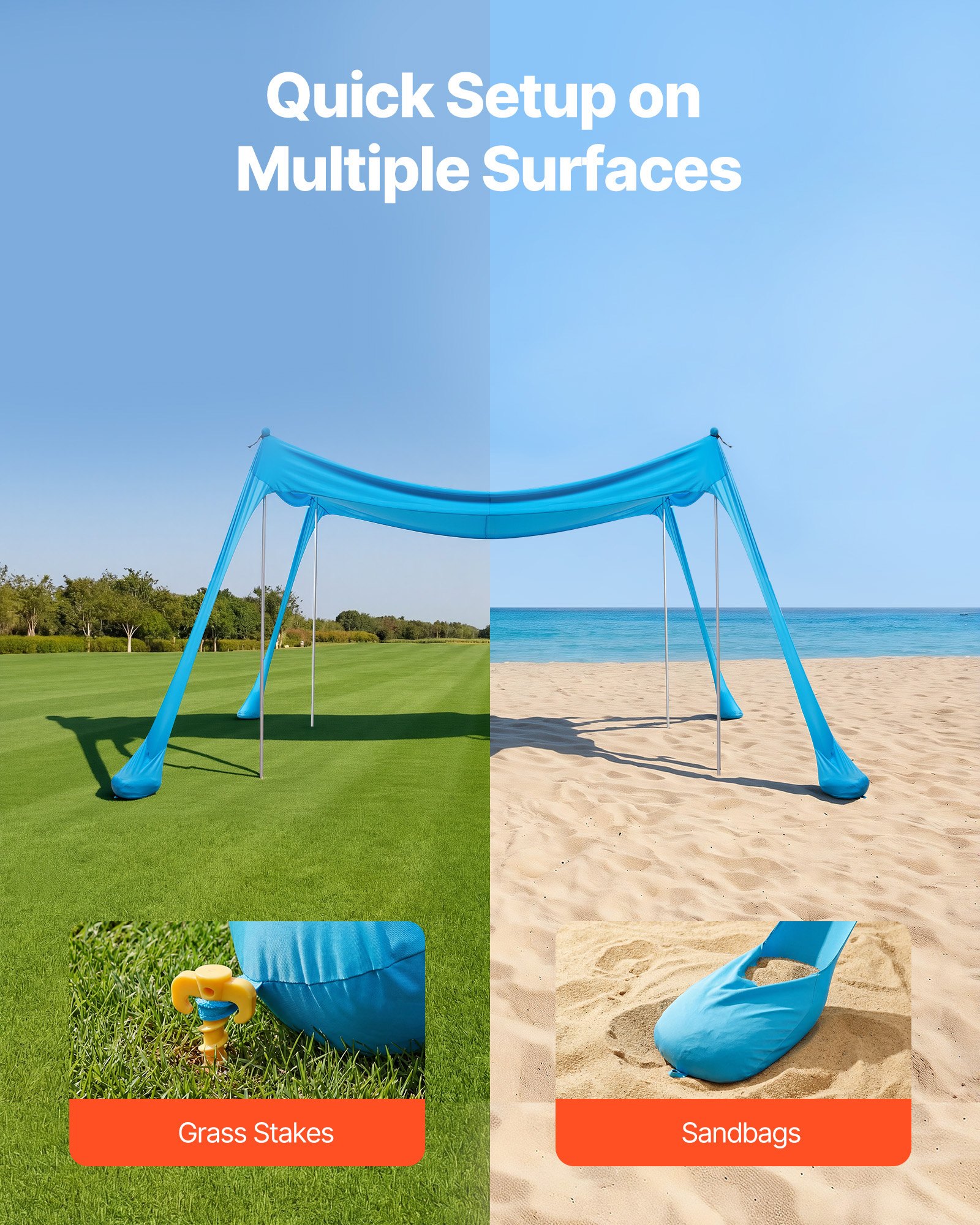 VEVOR strandtent met zonbescherming (UPF 50+) 3 x 3 x 2 m, strandtent met 4 zandzakken, stabilisatiepalen en zandschepjes, draagbare zonnescherm voor gezinsuitjes, kamperen, vissen, blauw