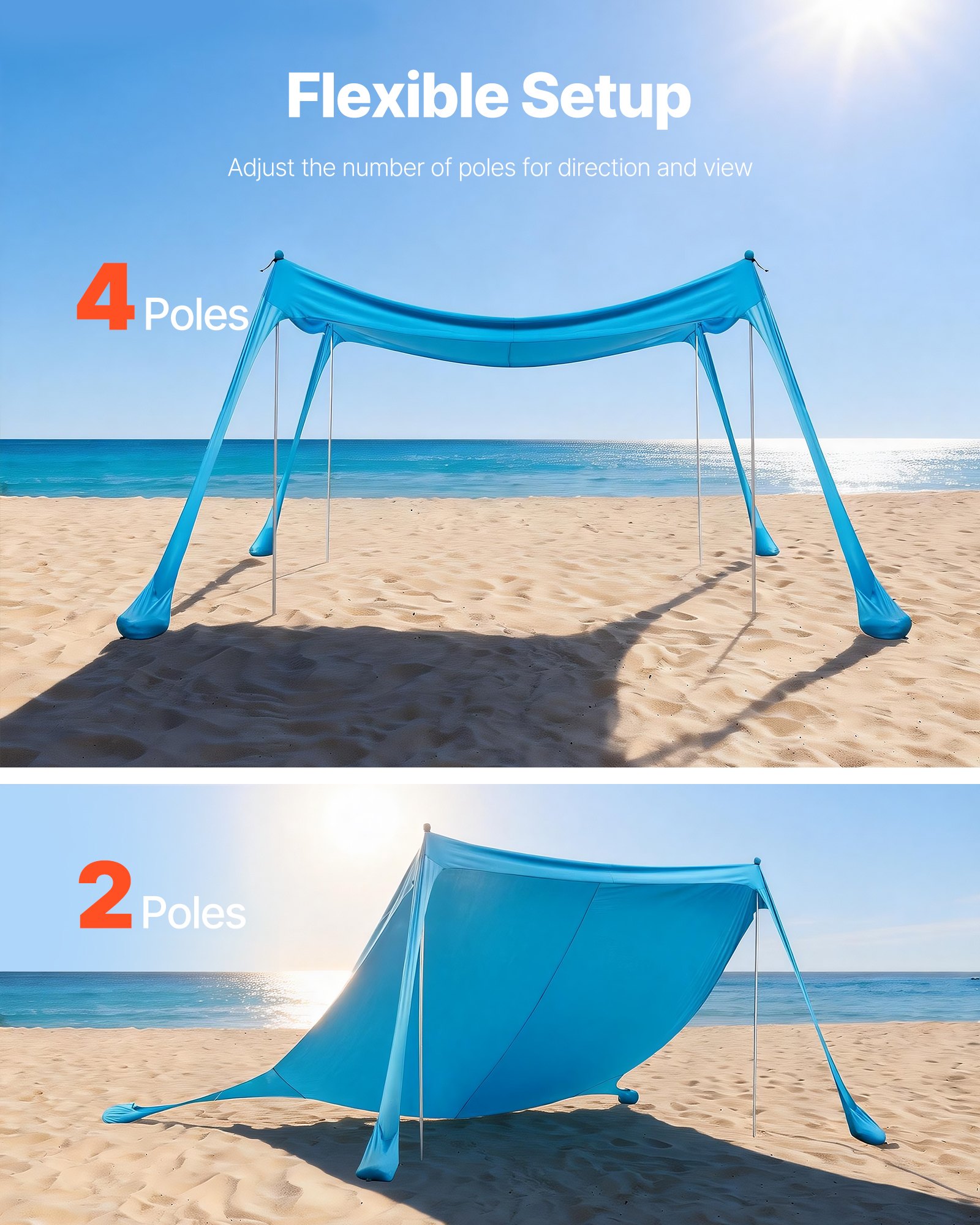 VEVOR strandtent met zonbescherming (UPF 50+) 3 x 3 x 2 m, strandtent met 4 zandzakken, stabilisatiepalen en zandschepjes, draagbare zonnescherm voor gezinsuitjes, kamperen, vissen, blauw