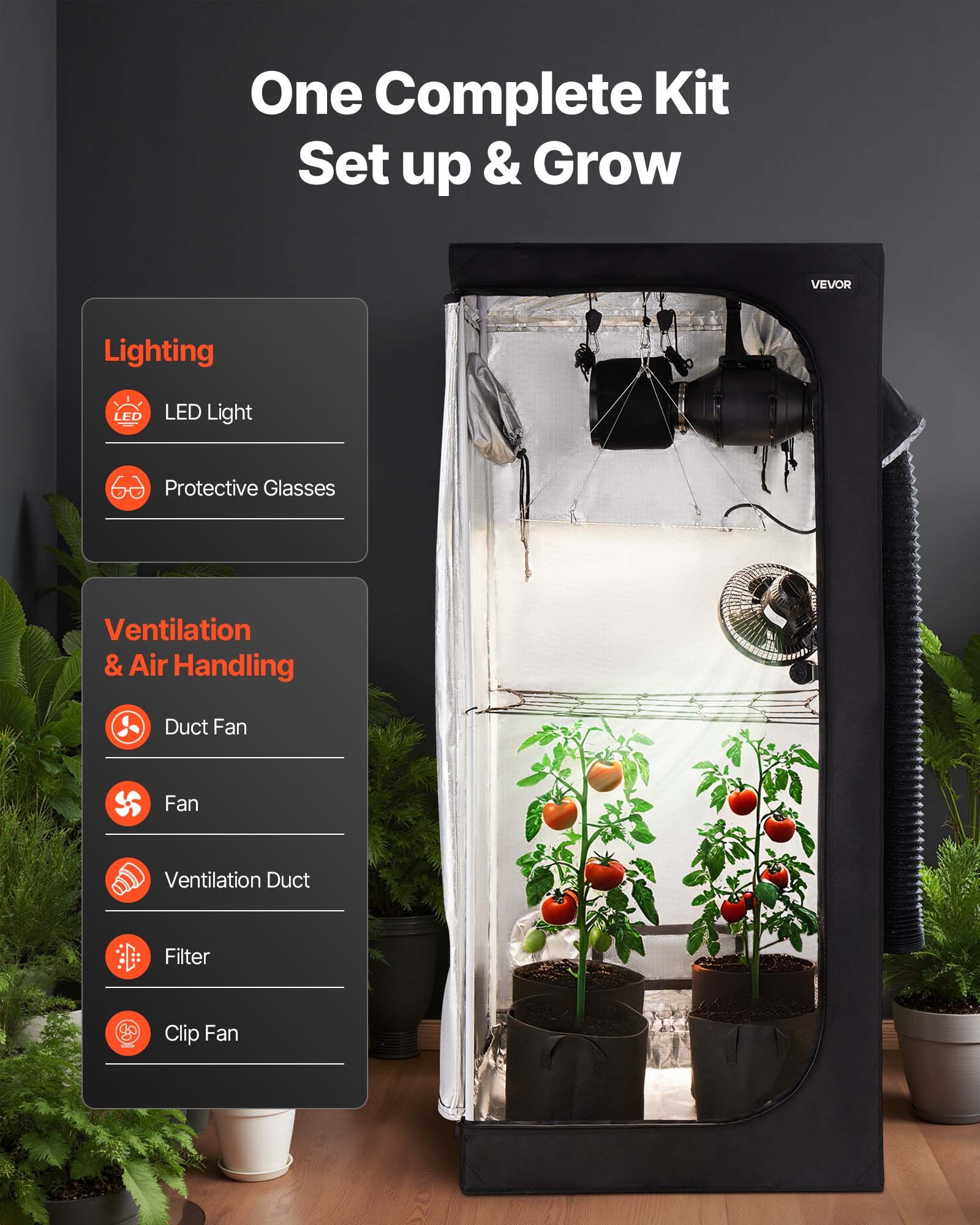 VEVOR kweektent, 80x80x180 cm, binnentent voor planten met full-spectrum LED-groeilamp en ventilatiesysteem, kweekbox 600D sterk reflecterend mylar, kweektenten, kas voor bloemen en groenten