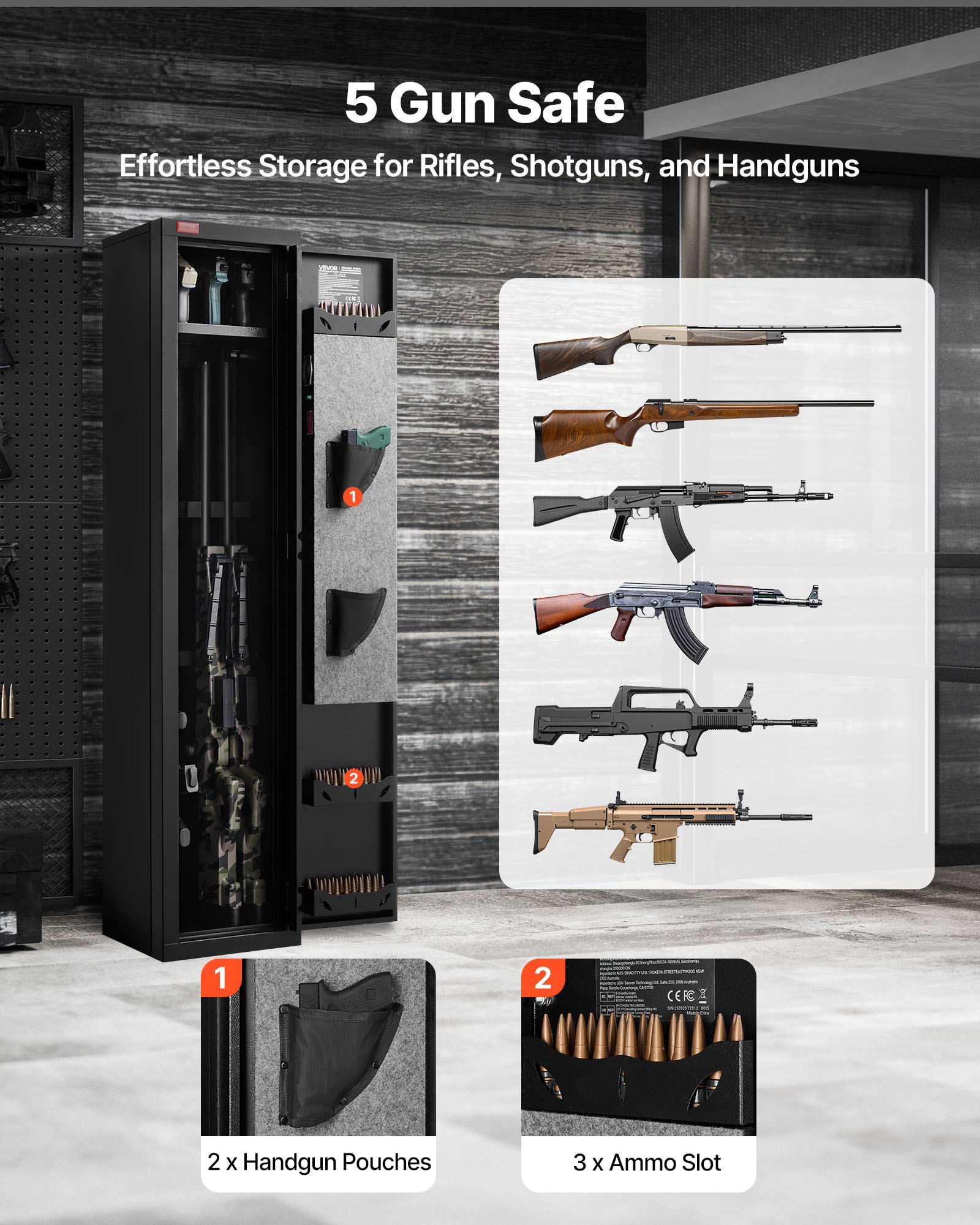 VEVOR Gun Safe, Heavy Duty Cold-Rolled Steel Fireproof Rifle Cabinet with Fingerprint, Digital Keypad & Key, Large Long Gun Cabinet with Magazine and LED, Adjustable Racks for Rifles, Pistols, Shotgun