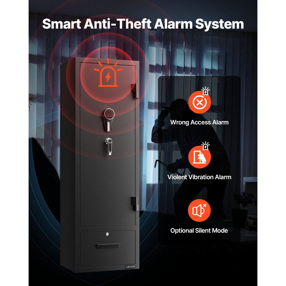 VEVOR Geweerkast, Lange Wapenkast voor Geweren en Pistolen, Wapenkluis met 2 Munitiecompartimenten en 2 Verstelbare Planken, Grote Wapenkast met Sleutel- en Combinatieslot