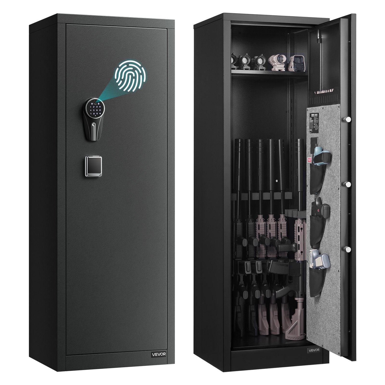 VEVOR Geweerkast/Geweerkast met snelle toegang, 3 pistoolvakken en verstelbare bevestigingen, Geweerkast/Geweerkluis met vingerafdruk- en wachtwoordslot, Zwart