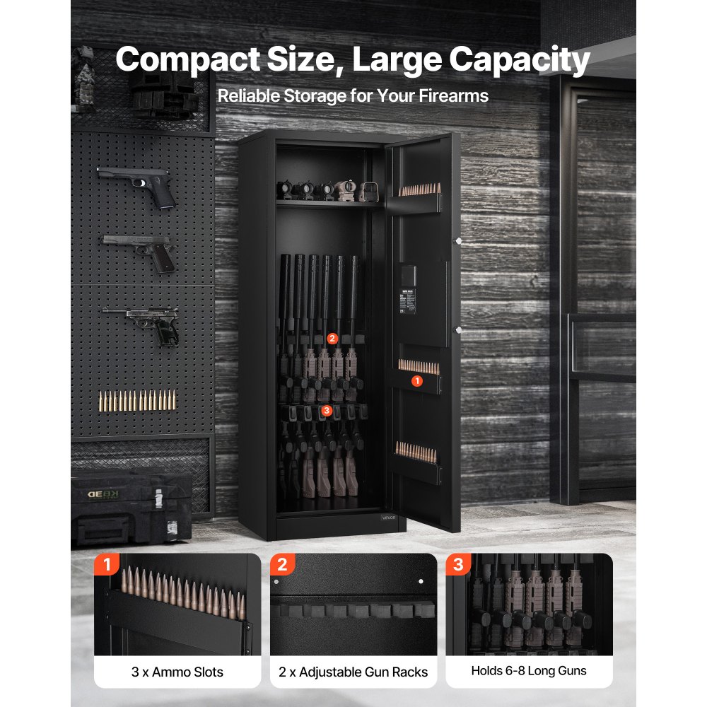 VEVOR 6-8 Gun Safe, Long Gun Cabinet for Rifles and Pistols, Quick Access Rifle Safe with 3 Ammo Slots and 2 Adjustable Racks, Large Digital Cabinet with Key and Password Lock