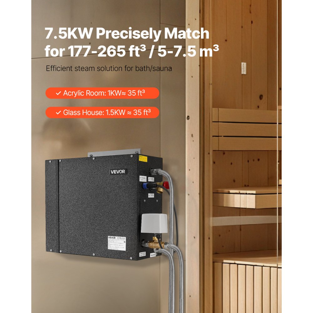 VEVOR stoomgenerator, 7,5 kW stoomgenerator, stoomdouchesysteem met bediening voor sauna, bad, spa, commerciële automatische afvoerset met oververhittings-, droogloop- en overdrukbeveiliging, zwart