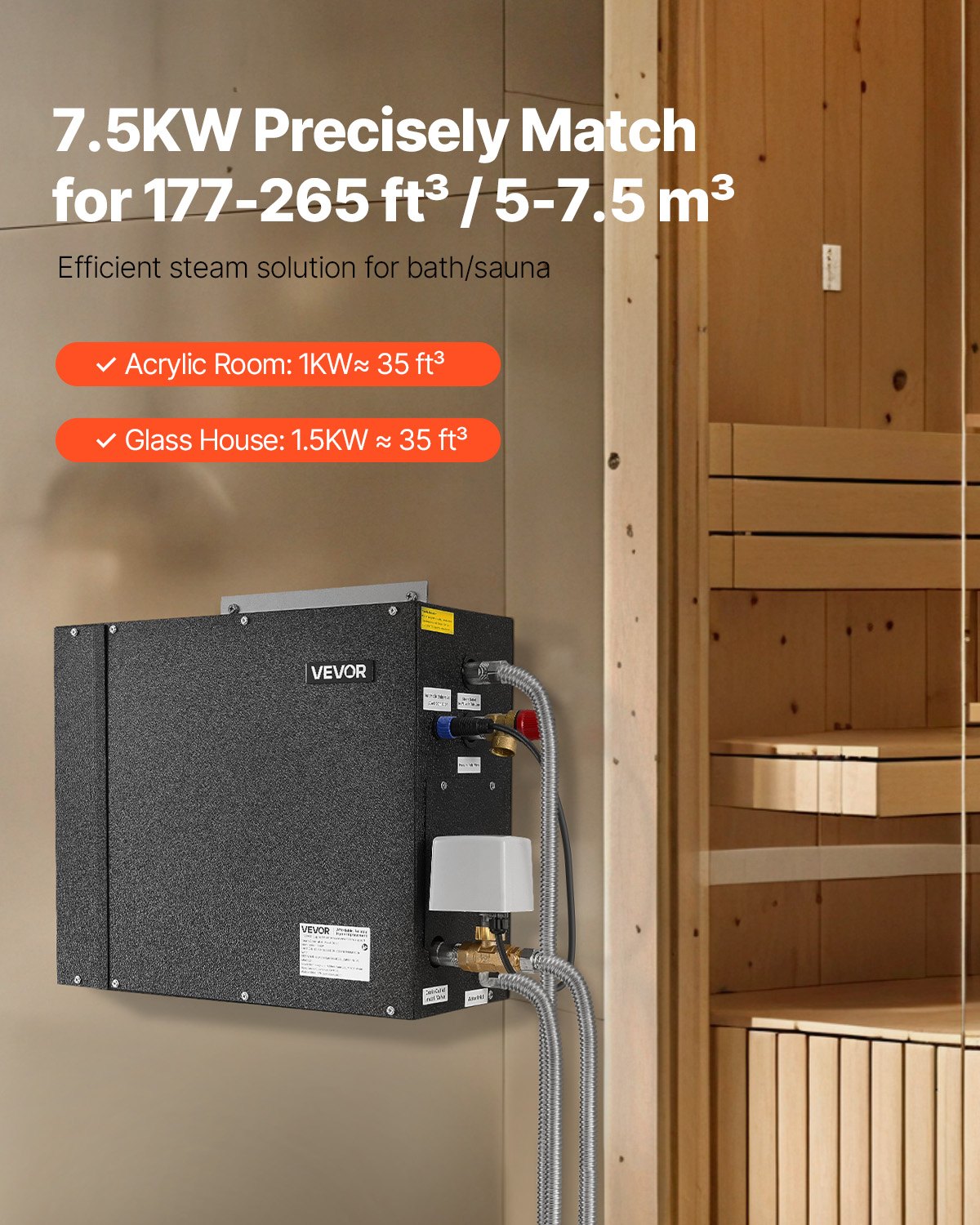 VEVOR stoomgenerator, 7,5 kW stoomgenerator, stoomdouchesysteem met bediening voor sauna, bad, spa, commerciële automatische afvoerset met oververhittings-, droogloop- en overdrukbeveiliging, zwart