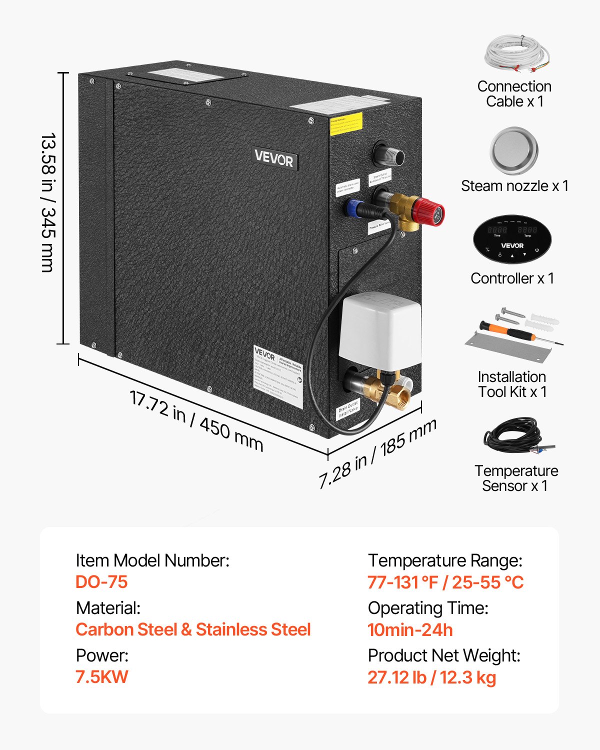 VEVOR stoomgenerator, 7,5 kW stoomgenerator, stoomdouchesysteem met bediening voor sauna, bad, spa, commerciële automatische afvoerset met oververhittings-, droogloop- en overdrukbeveiliging, zwart