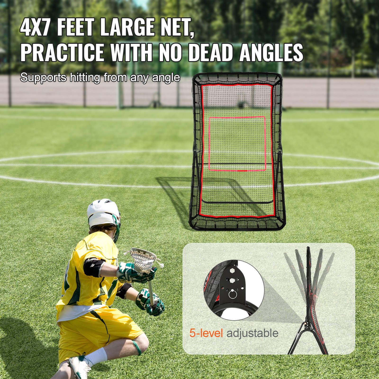 VEVOR Backyard Lacrosse Rebounder, 1,2 x 2,1 m volleybalretournet, pitchback throwback honkbal softbalretour trainingsscherm, verstelbare hoek, schietoefenmuur met doel