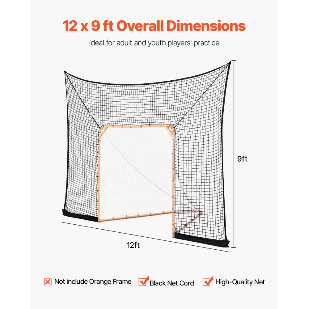 VEVOR Hockey and Lacrosse Goal Backstop, 12x9 ft Lacrosse Net with Extended Coverage, Quick Easy Setup Complete Accessories Training Net, Backyard Lacrosse Equipment, for Youth Adult (NET ONLY)
