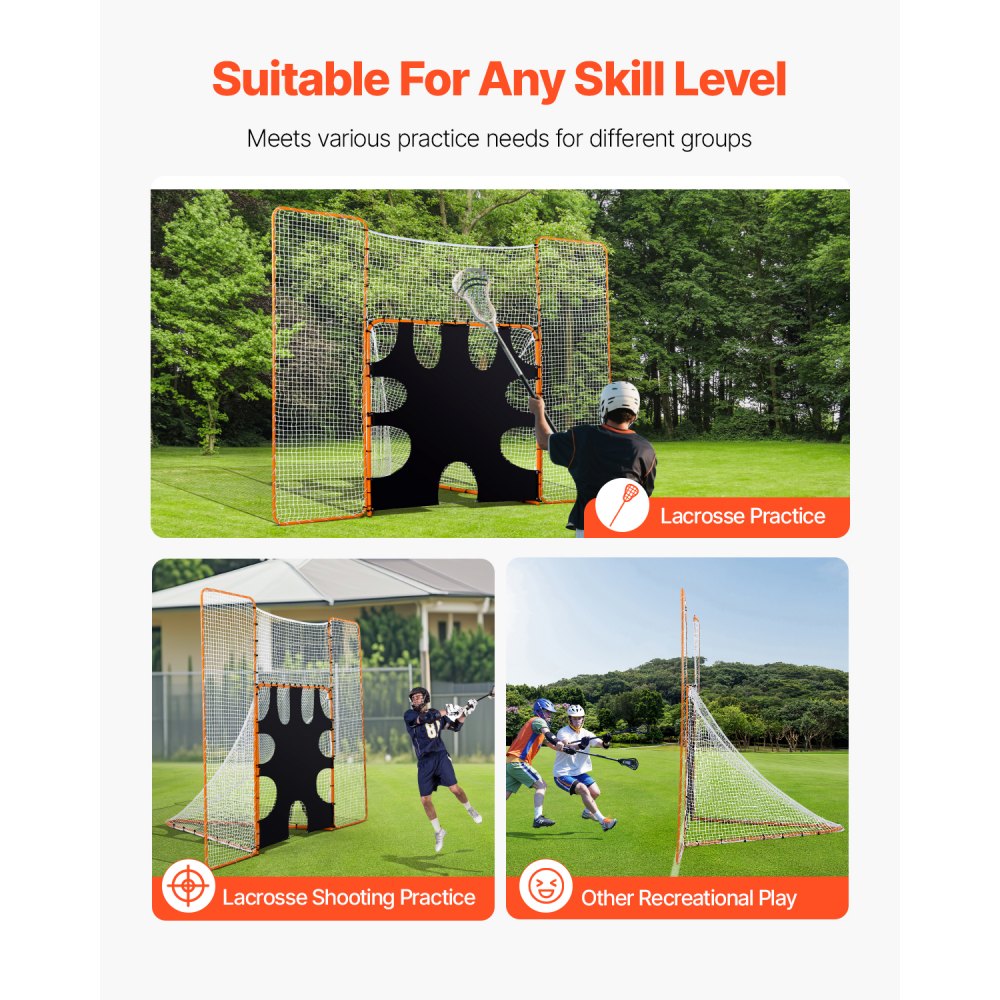VEVOR 3-IN-1 Lacrosse Goal, 12x9 ft Lacrosse Net with Backstop and Target, Quick & Easy Setup Backyard Rebounder Equipment, Steel Frame Training Nets, Suitable for Youth Adult Training, Orange