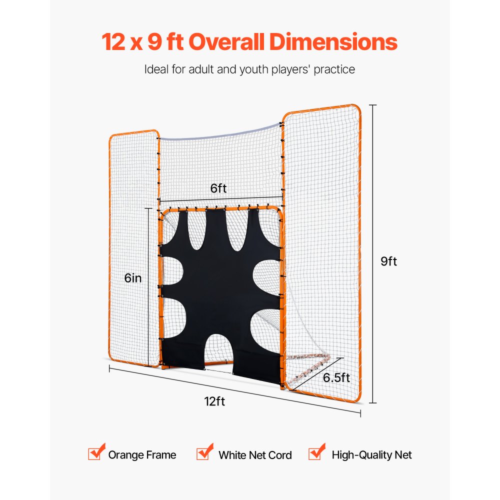 VEVOR 3-in-1 Lacrosse-doel (3,66 x 2,74 m) Groot Lacrosse-net met achterstop en doel, snel en eenvoudig op te zetten rebounder-uitrusting voor in de achtertuin, trainingsnetten met stalen frame
