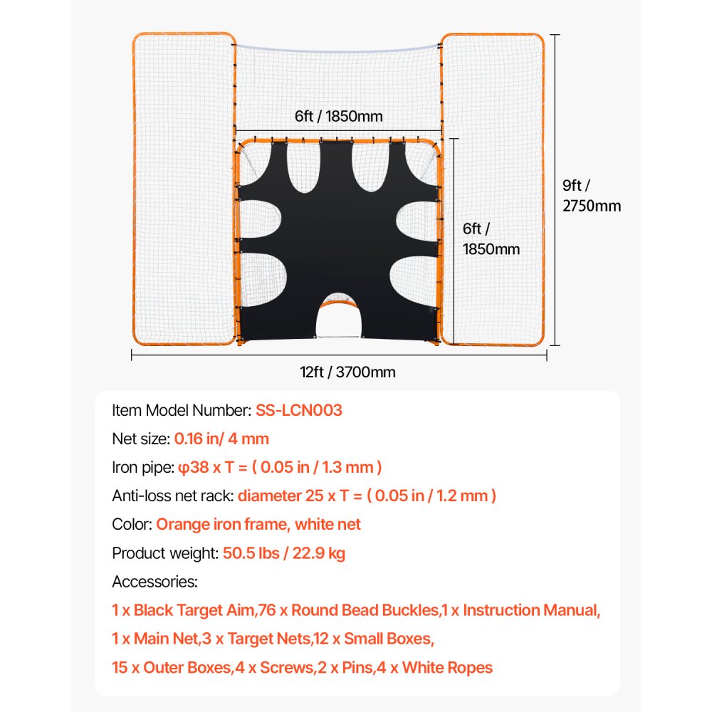VEVOR 3-in-1 Lacrosse-doel (3,66 x 2,74 m) Groot Lacrosse-net met achterstop en doel, snel en eenvoudig op te zetten rebounder-uitrusting voor in de achtertuin, trainingsnetten met stalen frame