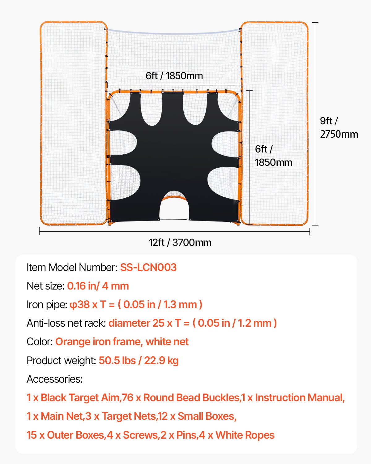 VEVOR 3-IN-1 Lacrosse Goal, 12x9 ft Lacrosse Net with Backstop and Target, Quick & Easy Setup Backyard Rebounder Equipment, Steel Frame Training Nets, Suitable for Youth Adult Training, Orange