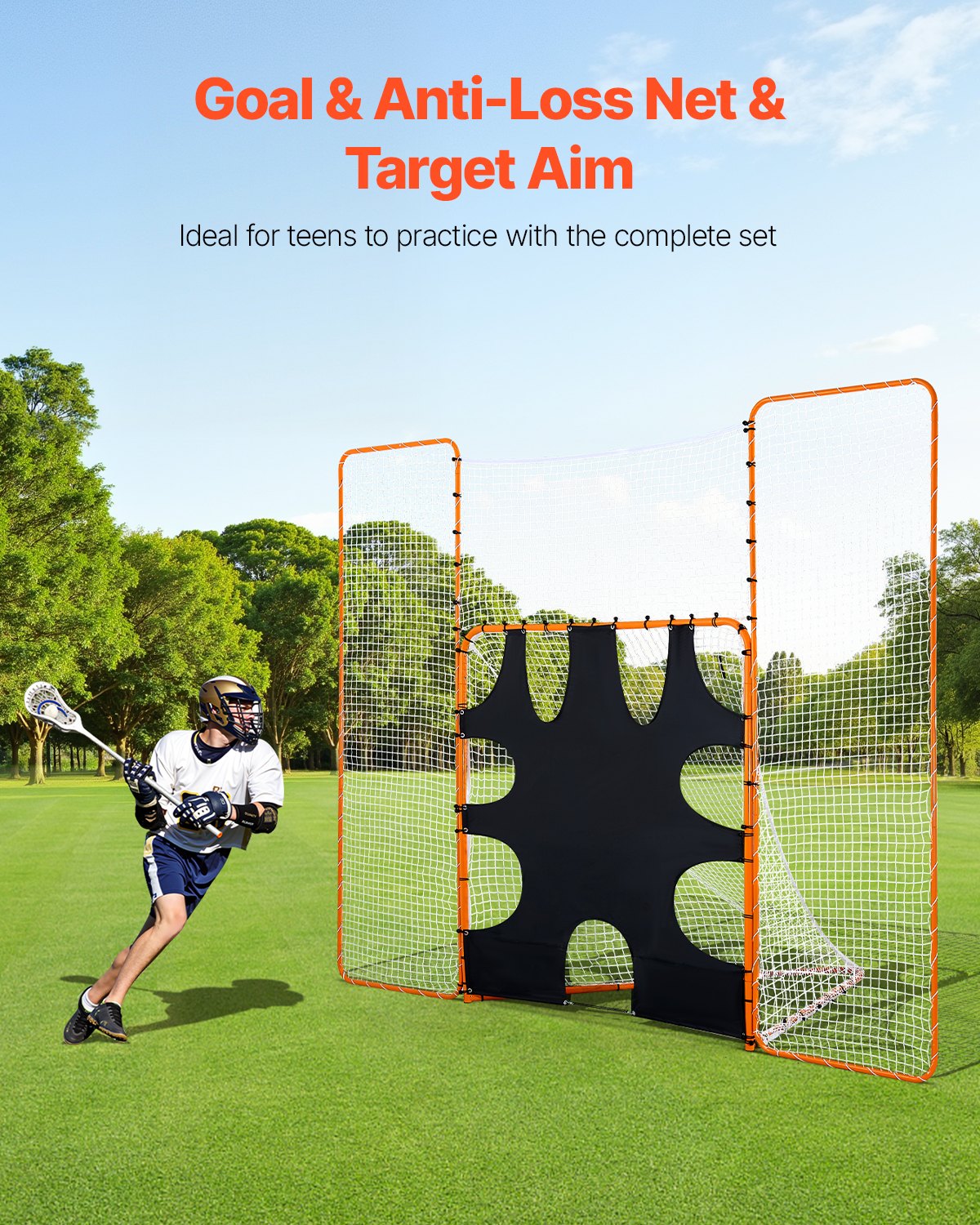 VEVOR 3-in-1 Lacrosse-doel (3,66 x 2,74 m) Groot Lacrosse-net met achterstop en doel, snel en eenvoudig op te zetten rebounder-uitrusting voor in de achtertuin, trainingsnetten met stalen frame