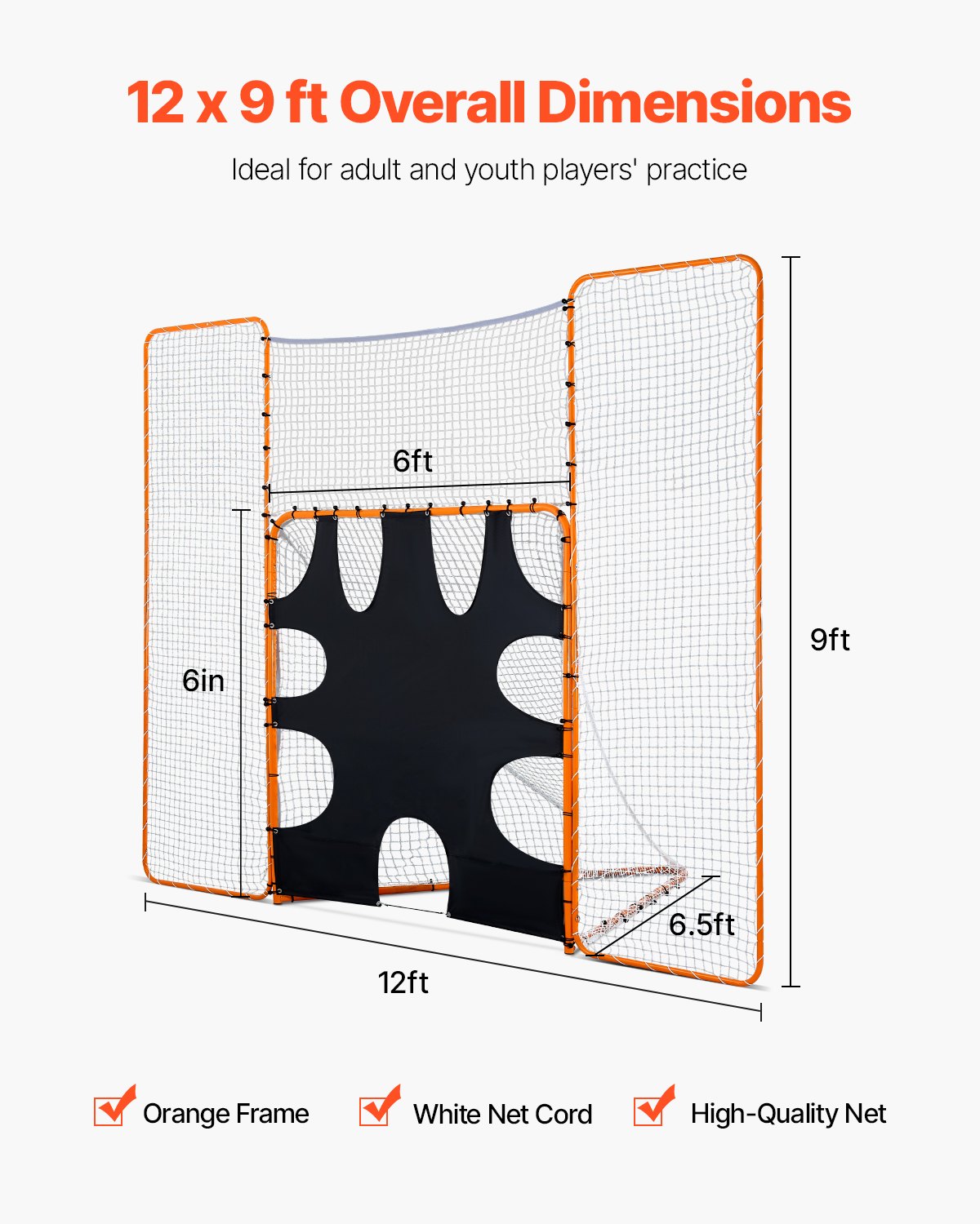 VEVOR 3-in-1 Lacrosse-doel (3,66 x 2,74 m) Groot Lacrosse-net met achterstop en doel, snel en eenvoudig op te zetten rebounder-uitrusting voor in de achtertuin, trainingsnetten met stalen frame