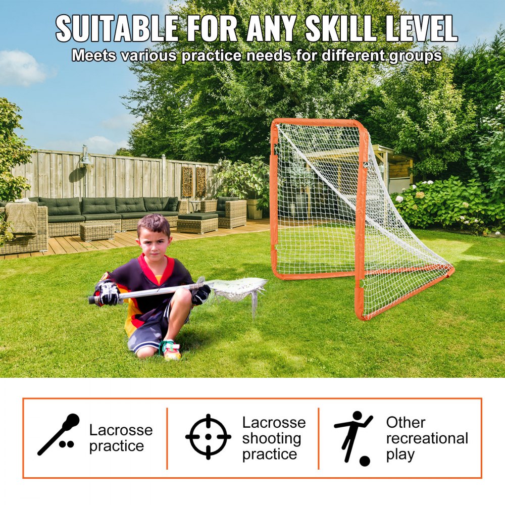 VEVOR Lacrosse Goal, 4' x 4' Small Kids Lacrosse Net, Folding Portable Lacrosse Goal with Carry Bag, Iron Frame Backyard Training Equipment, Quick & Easy Setup, Perfect for Youth Training, Orange