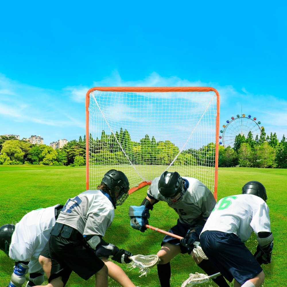 VEVOR Lacrosse Goal, 4' x 4' Small Kids Lacrosse Net, Folding Portable Lacrosse Goal with Carry Bag, Iron Frame Backyard Training Equipment, Quick & Easy Setup, Perfect for Youth Training, Orange