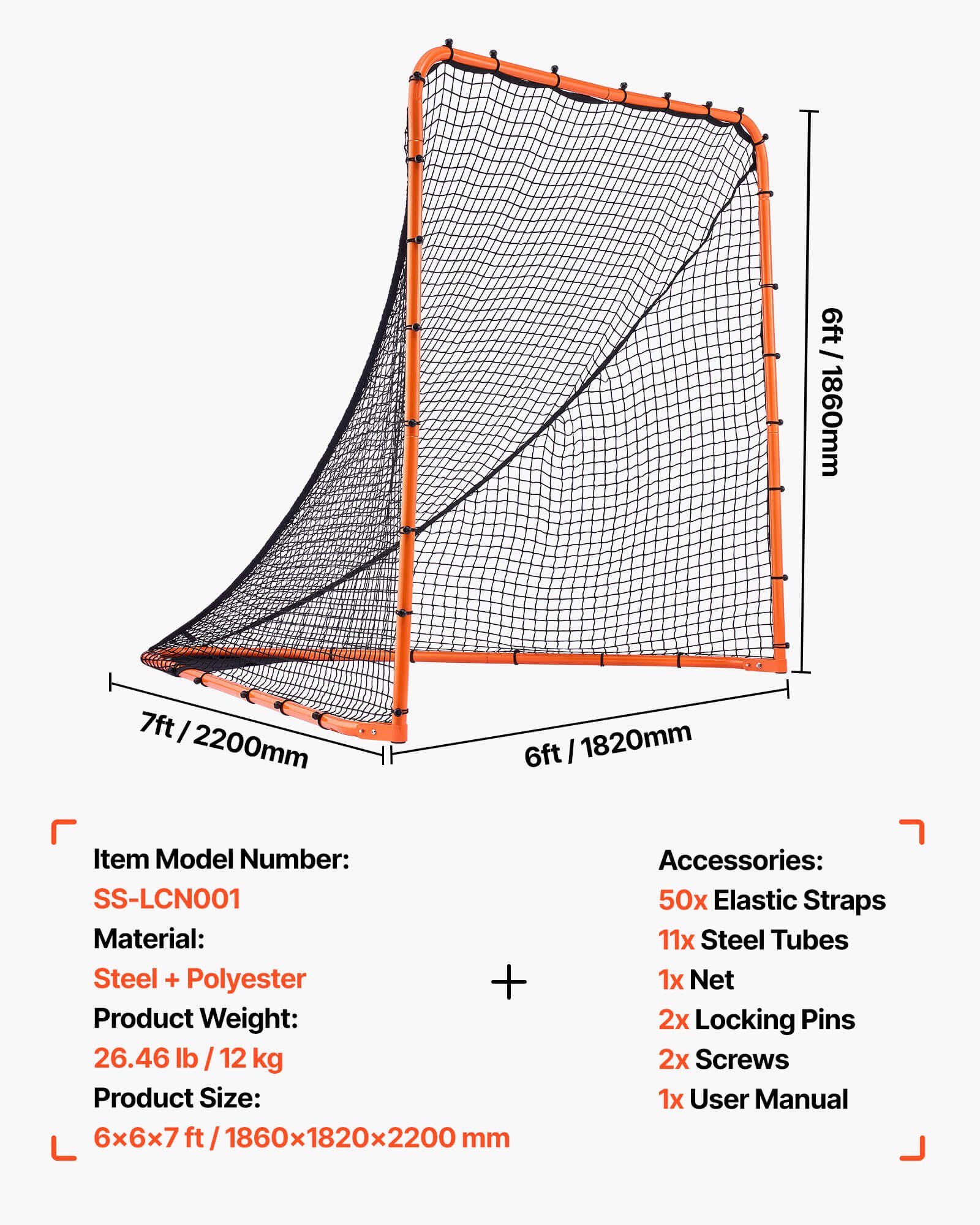 VEVOR Lacrosse-doel, 1,82 m x 1,82 m Lacrosse-net, opvouwbaar en draagbaar trainingsmateriaal voor in de tuin, trainingsnet met stalen frame, snel en eenvoudig op te zetten Lacrosse-doel, perfect voor training