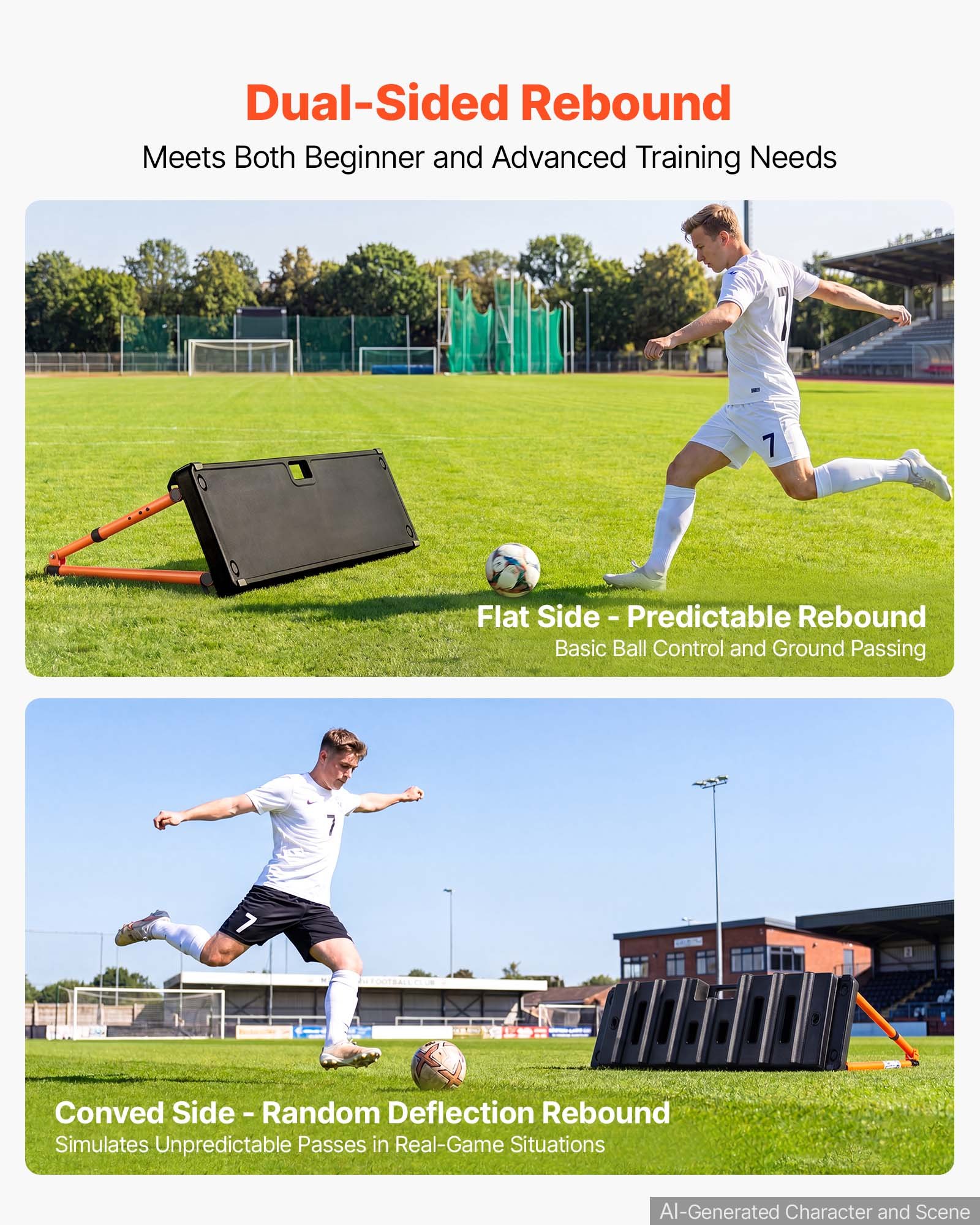 VEVOR Voetbal Rebound Board 95 x 25 x 46 cm Dubbelzijdige Bounce Board voor Parken, Tuinen en Thuistraining, 4 Verstelbare Hoekstanden, Draagbare Watergevulde PE Rebound Trainer, 4,2 kg Leeggewicht