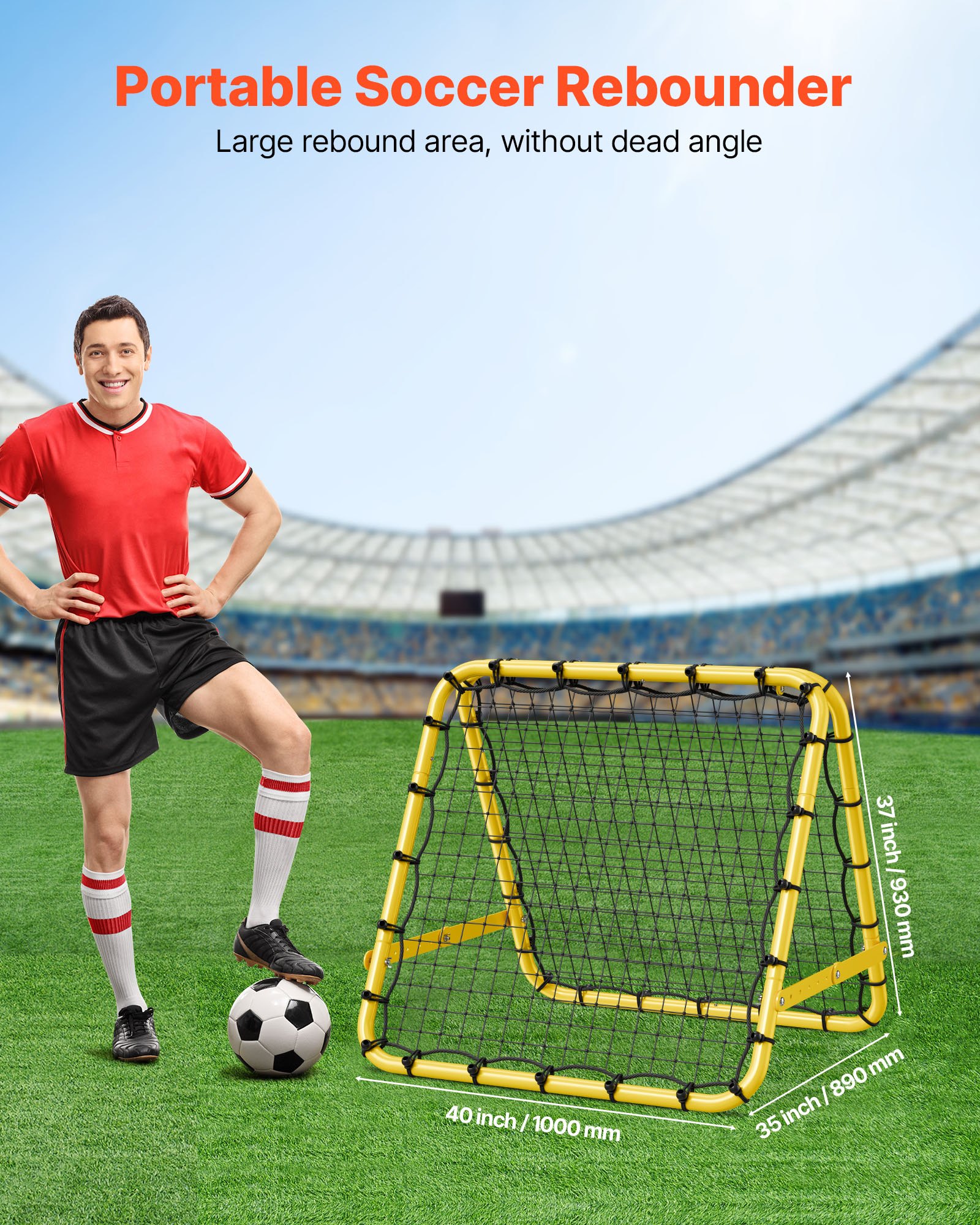 VEVOR Soccer Rebound Net 40 x 35 x 37 inch, draagbaar voetbaldoelnet met volledig verstelbare hoeken, hulpmiddelen en uitrusting voor alle leeftijden Kick-Back Rebounder
