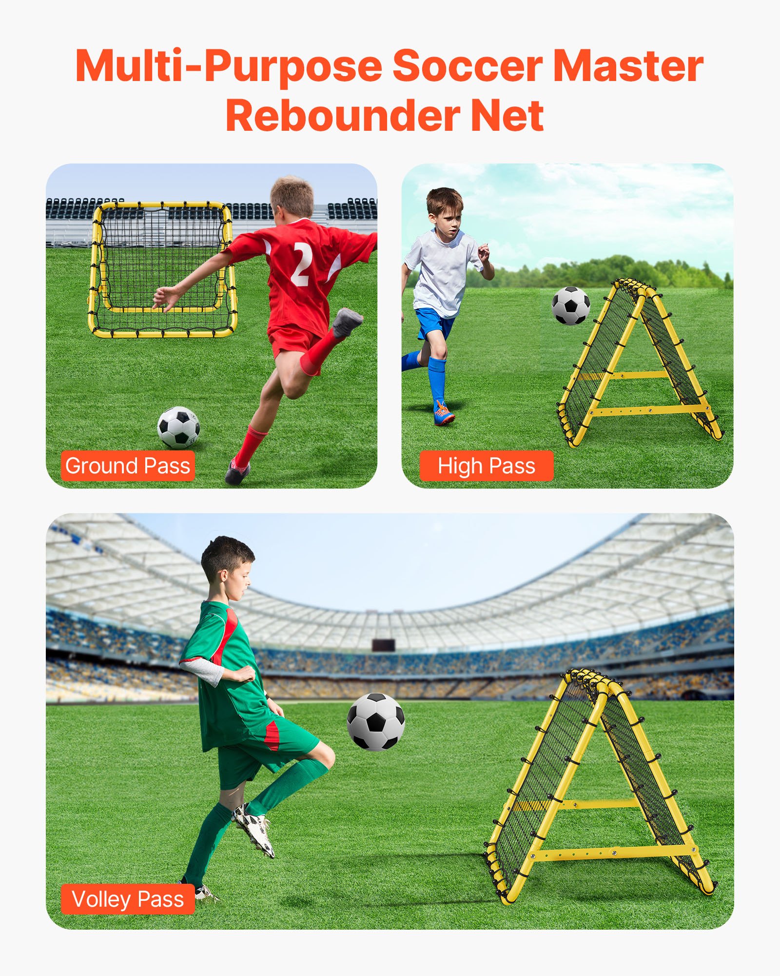VEVOR Soccer Rebound Net 40 x 35 x 37 inch, draagbaar voetbaldoelnet met volledig verstelbare hoeken, hulpmiddelen en uitrusting voor alle leeftijden Kick-Back Rebounder